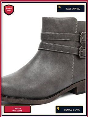 Women's Low Heel Ankle Boots Faux Leather Side Zipper Round Toe Non-Slip Sole